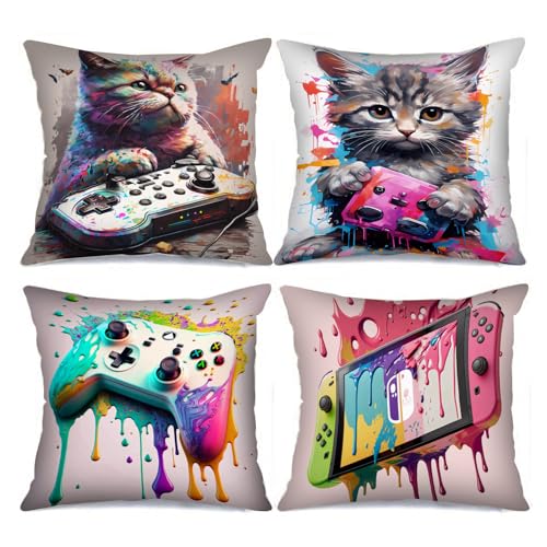 Rosa Spiel Konsole Bild Kissenbezüge Graffiti Stil Kissenbezüge Dekorative 45,7 x 45,7 cm Set von 4 Katze spielt Videospiele Kunst Kissenbezüge Bunte Wurfkissenbezüge für Sofa Wohnzimmer Geschenk von Tucocoo