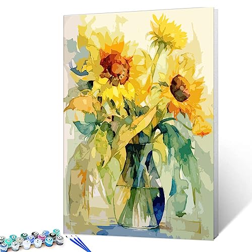 Sonnenblumen-Malen-nach-Zahlen-Set mit Pinseln und Acryl-Pigment auf Leinwand, Malerei für Erwachsene, abstrakte Aquarell-Blumenkunst, Handwerksprojekt für Heimdekoration, Geschenke (DIY gerahmt) von Tucocoo