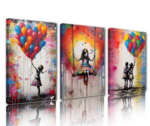 Tucocoo 3-teiliges Leinwandbild, Banksy-Mädchen mit Ballon, Straßen-Pop-Art, Graffiti-Gemälde, modernes Kunstwerk, bunte Heimdekoration für Wohnzimmer, gerahmt, Galerieverpackung, fertig zum von Tucocoo