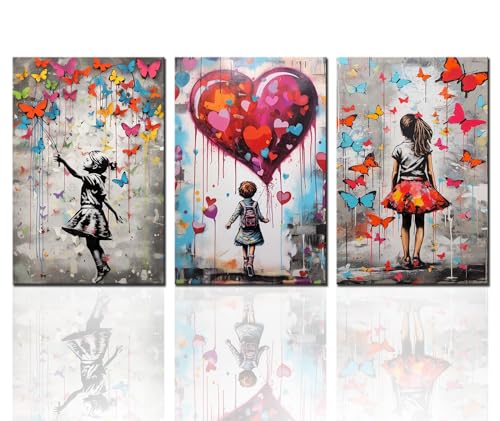 Tucocoo 3-teiliges Leinwandbild, Motiv: Banksy, Schmetterling, kleines Mädchen, Straße, Pop-Art, Gemälde, Graffiti, Liebe, zeitgenössisches Kunstwerk, Heimdekoration für Wohnzimmer, mit Holzrahmen, von Tucocoo