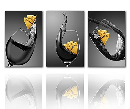 Tucocoo 3-teiliges Leinwandbild, Weinglas mit gelbem kleinen Boot, Rotweinglasbilder, zeitgenössisches Kunstwerk, Heimdekoration für Restaurant, Küche, Holzrahmen, fertig zum Aufhängen (121,9 x 61 cm) von Tucocoo