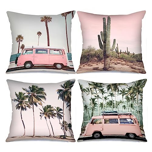 Tucocoo 4 Pcs Palm Tree Pillow Covers Square Pillow Cases 18x18 Inches, Cactus Landscape Pillow Cases Decorative Modern Pink Car Pillowcase for Sofa Bed Couch Car Throw Pillow Covers von Tucocoo