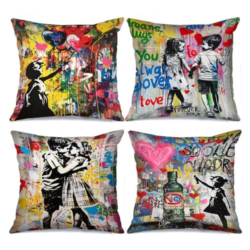 Tucocoo 4 Stück Bunte Graffiti-Kissenbezüge, quadratisch, 45 x 45 cm, Banksy-Mädchen-Straßenkunst-Kissenbezüge, dekorativ, modern, Pop-Art-Kissenbezüge für Sofa, Bett, Couch, Überwurf-Kissenbezüge von Tucocoo