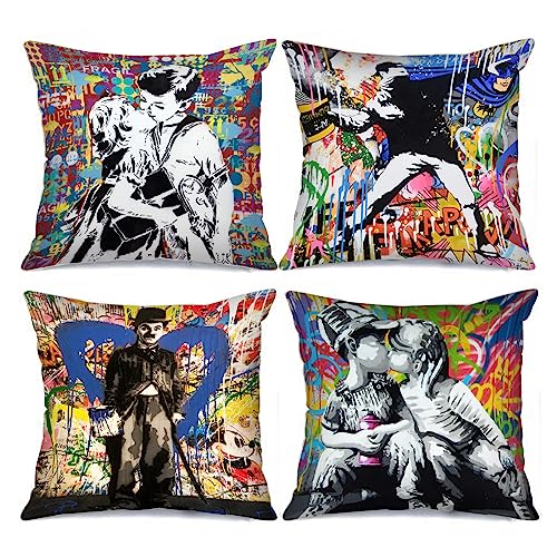 Tucocoo 4 Stück Bunte Graffiti-Kissenbezüge, quadratische Kissenbezüge, 45 x 45 cm, Banksy Street Art Kissenbezüge, dekorativ, Moderne Pop-Art-Kissenbezüge für Sofa, Bett, Couch, Auto von Tucocoo