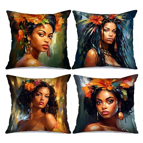 Tucocoo Afrikanische Frauen-Kissenbezüge, dekorativ, 45 x 45 cm, Set mit 4 schönen schwarzen Mädchen-Portrait-Kissenbezügen, Moderne Kissenbezüge, Bunte Kissenbezüge für Couch, Sofa, Bett, Auto von Tucocoo