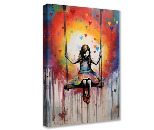 Tucocoo Art Work for Home Walls Little Girl Swing Pictures Colorful Graffiti Paintings 1 Panel Canvas Banksy Pop Art Modern Artwork Home Decor for Living Room Wooden Framed Ready to Hang 60 x 90 cm von Tucocoo