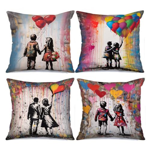 Tucocoo Banksy Art Dekokissenbezüge, dekorativ, 45 x 45 cm, 4 Stück, romantische Liebes-Kissenbezüge, modern, quadratisch, Graffiti-Ballon, Überwurfkissen für Couch, Sofa, Bett, Auto, Wohnzimmer von Tucocoo