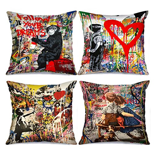 Tucocoo Banksy Decorative Cushion Covers 4 Pieces Street Graffiti Art Throw Pillow Cases Little Boys Girls Cushion Cover Outdoor Decorations Monkey Throw Pillow for Couch Sofa Bed Car von Tucocoo