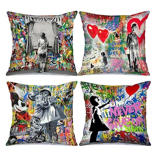 Tucocoo Banksy Deko-Kissenbezüge, dekorativ, 45 x 45 cm, bunt, Graffiti-Kissenbezüge, Moderne quadratische Kissenbezüge, Street Pop Art, Wurfkissenbezug für Couch, Sofa, Bett, Auto, Wohnzimmer von Tucocoo