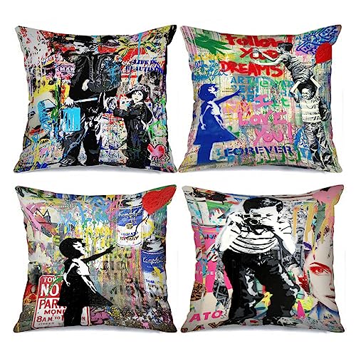 Tucocoo Banksy Graffiti-Kissenbezüge, dekorativ, 45 x 45 cm, 4 Stück, Bunte Straßenkunst-Kissenbezüge, Moderne quadratische Kissenbezüge, Pop-Art-Wurfkissenbezug für Couch, Sofa, Bett, Auto von Tucocoo