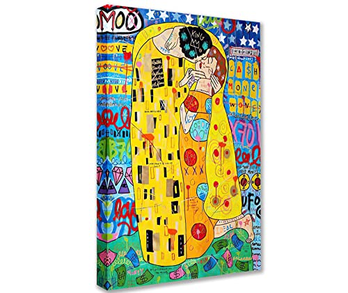 Tucocoo Bunte Leinwand-Wandkunst, Graffiti-Straße, Pop-Art-Gemälde, Der Kuss von Gustav Klimt, berühmte moderne Kunstwerke, Wohnkultur für Wohnzimmer, Schlafzimmer, gerahmt, 60x90 cm, 1 Stück von Tucocoo