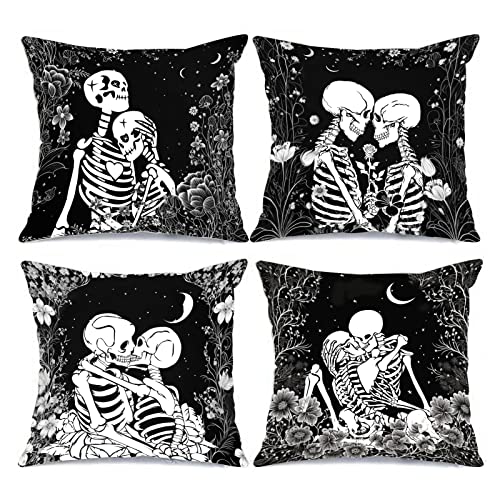 Tucocoo Dekorative Kissenbezüge aus menschlichem Skelett, 45,7X 45,7cm, 4 Stück Totenkopf die küssenden Liebhaber Gothic-Stil schwarz und weiß quadratische Kissenbezüge für Sofa Bett Heimdekoration von Tucocoo