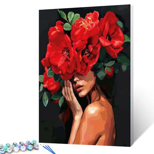 Tucocoo Frauen mit Blumen auf dem Kopf, Malen nach Zahlen für Erwachsene, Anfänger, weibliche Körperbemalung, rote Blume, Acryl-Ölgemälde-Set für Heimdekoration und Geschenk für Festivals, ohne von Tucocoo