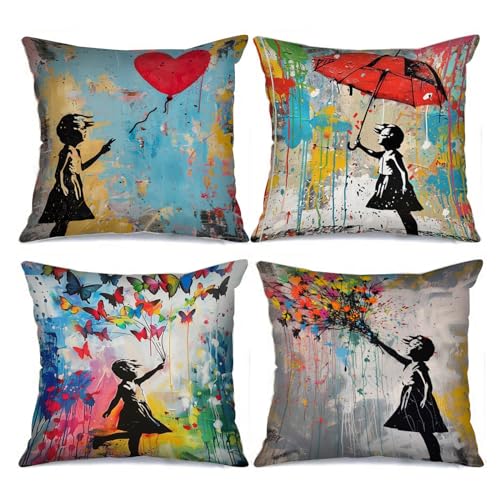 Tucocoo Funny Banksy Girl Dekokissenbezüge, 45 x 45 cm, Graffiti-Street-Pop-Art, dekorative Kissenbezüge, abstrakt, kreativ, kleines Mädchen, Moderne Dekoration für Couch, Bett, Terrasse, Bank von Tucocoo