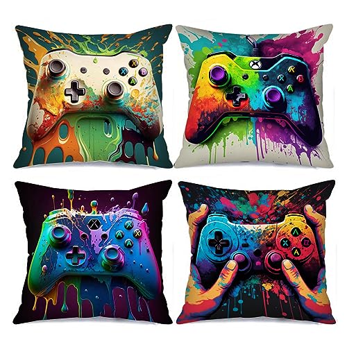 Tucocoo Game Console Picture Cushion Covers Watercolour Graffiti Pillow Covers Decorative 18x18 inch Set of 4 Modern Style Art Pillow Covers Video Game Throw Pillow Cases for Couch Sofa Living Room von Tucocoo