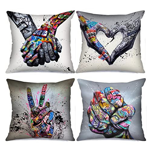 Tucocoo Graffiti Cushion Covers Decorative 18 x 18 Inch 4 Pack Banksy Street Art Pillow Covers Fist Inspirational Finger Throw Pillow Hands Pillow Cases for Couch Sofa Living Room von Tucocoo