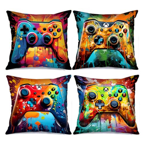 Tucocoo Graffiti Game Console Bild Kissenbezüge Scrawled Style Kissenbezüge Dekorative 45,7 x 45,7 cm Set 4 Spielen Videospiele Kunst Kissenbezüge Bunte Wurfkissenbezüge für Sofa Wohnzimmer Geschenk von Tucocoo