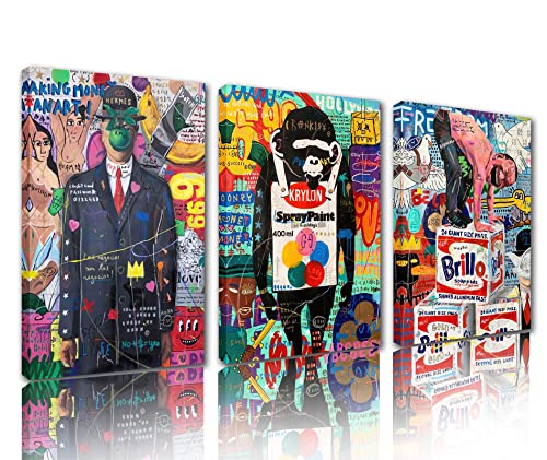 Tucocoo Graffiti-Gemälde für Wohnzimmer, Banksy-Straße, lustige Bilder, 3-teilige Leinwand, abstrakt, bunt, Pop-Wandkunst moderne Kunstwerk Heimdekoration Holzrahmen gespannt fertig zum Aufhängen von Tucocoo