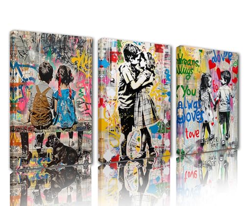 Tucocoo Graffiti-Gemälde für Wohnzimmer, Schlafzimmer, Banksy-Straße, bunte Bilder, 3-teilig, Leinwand, abstrakt, kleiner Junge und Mädchen, Wandkunst, Heimdekoration, Holzrahmen, gespannt fertig zum von Tucocoo