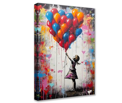 Tucocoo Großes modernes Kunstwerk für die Wand, bunte Ballonbilder, Banksy, kleines Mädchen, 1 Paneel, Leinwand, Straße, Pop-Art, Heimdekoration, Giclée-Holzrahmen, Galerieverpackung, fertig zum von Tucocoo