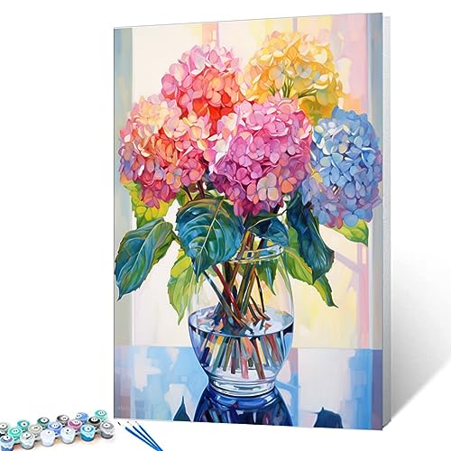 Tucocoo Hortensiea in Glasvase Fenster Landschaftsfarbe Malen nach Zahlen für Erwachsene schöne Blumen DIY Farbe durch Zahlen Acrylfarbe Canvas Bunte Blumen Malerei Kits Art 40x50cm （DIY Rahmen） von Tucocoo