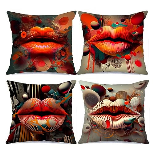 Tucocoo Kissenbezüge mit abstrakten Lippen, 45 x 45 cm, Set mit 4 Stück, geometrisch, nordischer Stil, dekorative Kissenbezüge, Mundnahaufnahme, Moderne Modedekoration für Couch, Bett, Terrasse, von Tucocoo