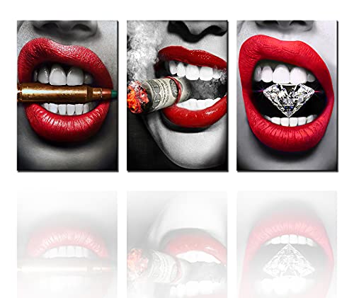 Tucocoo Leinwand-Wandkunst, sexy rote Lippen mit Diamantbildern, Lippen mit Bullet-Gemälden, zeitgenössisch, kreatives Kunstwerk, Holzrahmen, fertig zum Aufhängen (152.4x71.1 cm) von Tucocoo