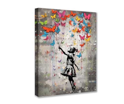 Tucocoo Leinwandbild, Motiv: Banksy, kleines Mädchen, Schmetterling, Straße, Graffiti-Gemälde, zeitgenössisches Kunstwerk, Heimdekoration für Wohnzimmer, mit Holzrahmen, Galerieverpackung, fertig zum von Tucocoo