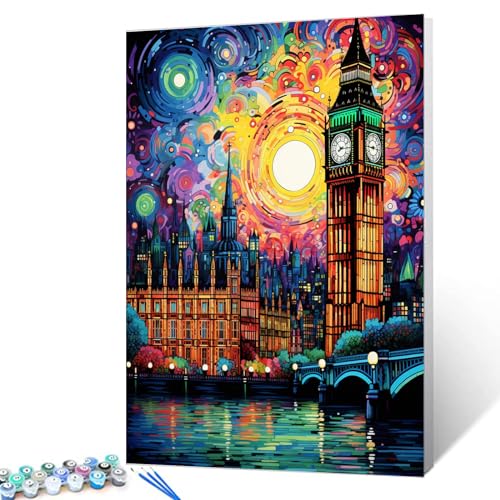 Tucocoo London Big Ben Malen nach Zahlen für Erwachsene, DIY Digitales Ölgemälde-Kits auf Leinwand mit Pinseln und Acrylpigment, Graffiti-Stadtlandschaft-Kunstwerk für Wohnkultur, 40 x 50 cm von Tucocoo