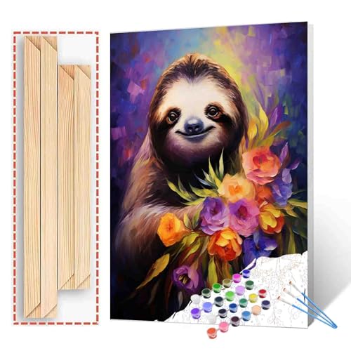 Tucocoo Lustiges Faultier-Malen-nach-Zahlen-Set mit Pinseln und Acrylpigment auf Leinwand, Gemälde für Erwachsene, abstrakte Blumen, Tier, handgemaltes Bild für Heimdekoration, 40 x 50 cm von Tucocoo