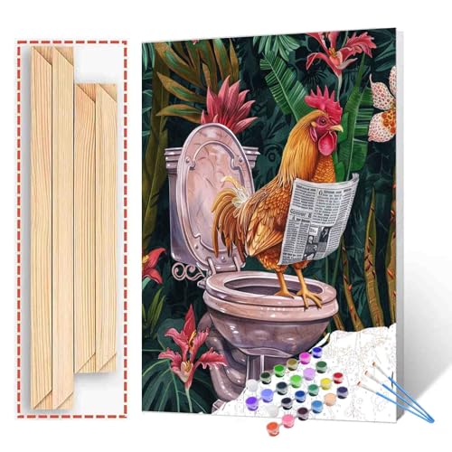 Tucocoo Lustiges Huhn-nach-Zahlen-Set mit Pinseln und Acryl-Pigmenten auf Leinwand, Gemälde für Erwachsene, Tiere auf Toilette, Hahn, Badezimmer, Bild für Zuhause, Wanddekoration, Geschenke, 40x50cm von Tucocoo