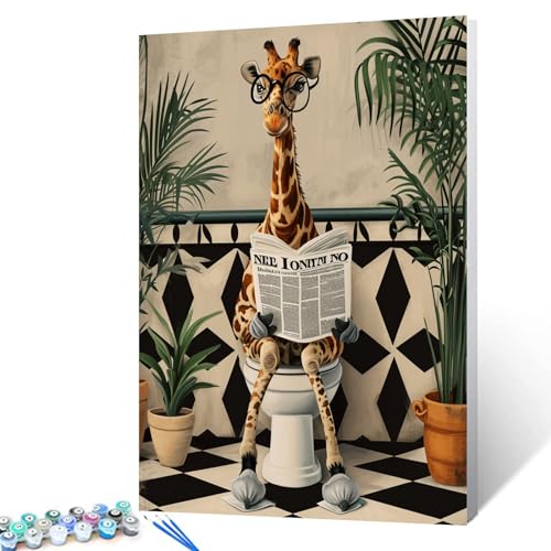Tucocoo Malen nach Zahlen, Motiv: niedliche Giraffe auf Toilette, mit Pinseln und Acrylpigmenten auf Leinwand, Gemälde für Erwachsene, lustige Tiere, nordisches Badebild für Heimdekoration, Geschenke von Tucocoo