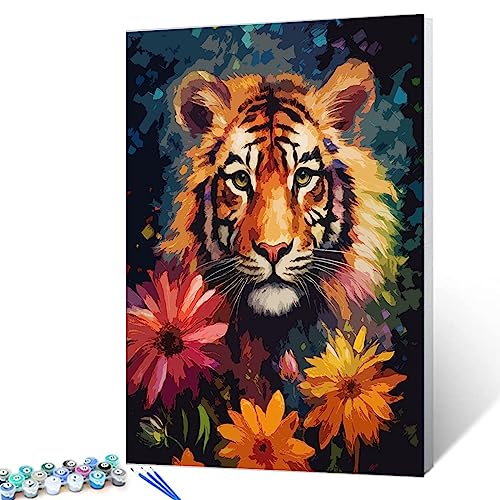 Tucocoo Malen nach Zahlen Tiger-Porträt-Set mit Pinseln und Acryl-Pigment auf Leinwand, Malerei für Erwachsene, Tier-Sonnenblume, handgemaltes Kunsthandwerksprojekt für Heimdekoration (DIY gerahmt) von Tucocoo