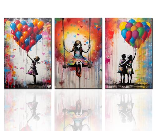 Tucocoo Moderne Wandkunst, Banksy-Mädchen mit Ballon, Straßen-Pop-Graffiti-Gemälde, 3-teiliges Leinwandbild, modernes Kunstwerk, Heimdekoration für Wohnzimmer, Schlafzimmer, Büro, gerahmt, fertig zum von Tucocoo
