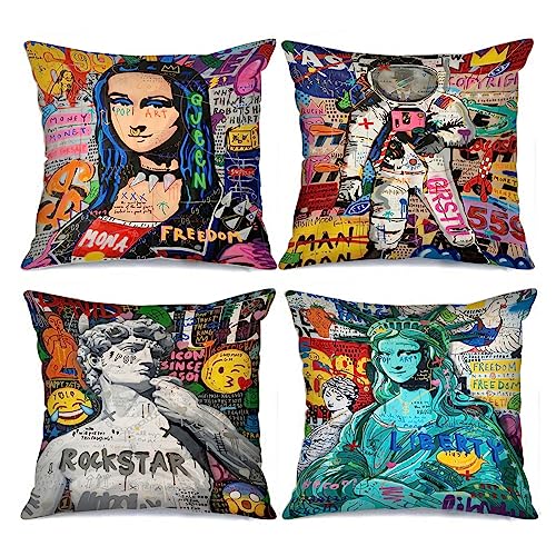 Tucocoo Moderne dekorative Kissenbezüge, 45 x 45 cm, 4 Stück, Straßen-Graffiti-Kunst, Freiheitsstatue, Kissenbezug, bunt, Banksy Mona Lisa, Kissenbezug für Couch, Sofa, Bett, Auto, Terrasse von Tucocoo