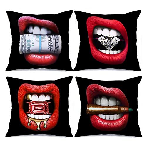 Tucocoo Modische dekorative Kissenbezüge, 45,7 x 45,7 cm, 4 Stück, Frauen, sexy rote Lippen mit Diamant-Dollar-Geld-Wurf-Kissenbezüge, modern, quadratisch, für Sofa, Couch, Auto, Bett, Heimdekoration von Tucocoo