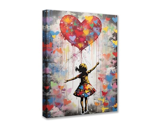 Tucocoo Raumdekor-Gemälde Banksy Street Pop Art Bilder 1 Panel Leinwand Kleines Mädchen Wandkunst Bunte Liebe Moderne Kunstwerk Heimdekoration für Wohnzimmer Gerahmt Galerie verpackt fertig zum von Tucocoo