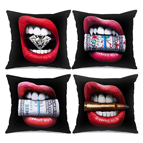 Tucocoo Red Lips Decorative Pillow Cases 4 Pcs Fashion Women Sexy Lips with Diamond Ball Dollar Money Throw Pillow Cases for Sofa Couch Car Bed Home Decor von Tucocoo