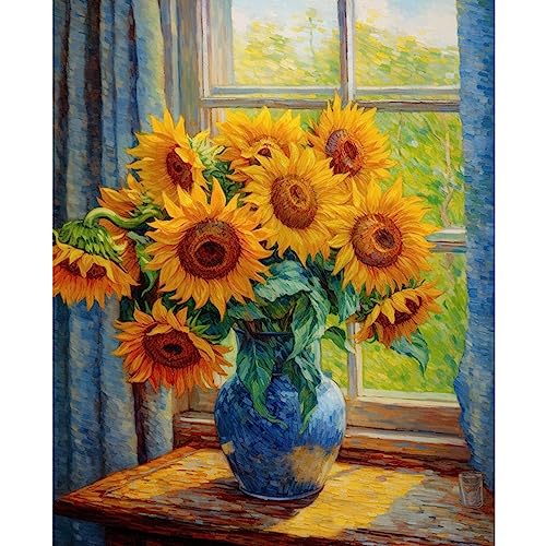 Tucocoo Retro Sonnenblumen Malen nach Zahlen Kits Leinwand DIY Digitales Ölgemälde für Erwachsene mit Pinseln und Acryl-Pigment-Fenster, blühendes Blumen-Kunstwerk für Heimwanddekoration(ohne Rahmen) von Tucocoo