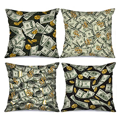 Tucocoo Set mit 4 Geld-Kissenbezügen, Hundert US-Dollar-Scheine, dekorative Goldmünzen, Bargeld-Kissenbezüge, moderne quadratische Kissenbezüge für Sofa, Couch, Auto, Bett, 45,7 x 45,7 cm, Geschenke von Tucocoo