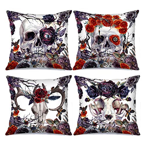 Tucocoo Skull Decorative Cushion Covers 18x18 Inch Set of 4 Vintage Botanical Throw Scary Skull Gothic Floral Modern Square Bed Home Decor von Tucocoo