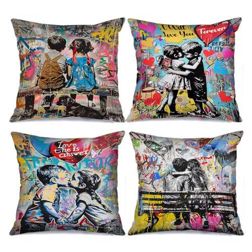 Tucocoo Street Art Dekokissenbezüge, dekorativ, 45 x 45 cm, 4 Stück, für kleine Mädchen und Jungen, Moderne quadratische Kissenbezüge, Banksy, romantischer Kissenbezug für Couch, Sofa, Bett, Auto von Tucocoo