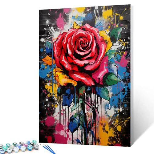 Tucocoo Street Art Rosen-Malen-nach-Zahlen-Set mit Pinseln und Acryl-Pigmenten auf Leinwand, Gemälde für Erwachsene und Anfänger, Banksy, romantisches Bild mit roten Blumen, Heimdekoration, Geschenke von Tucocoo
