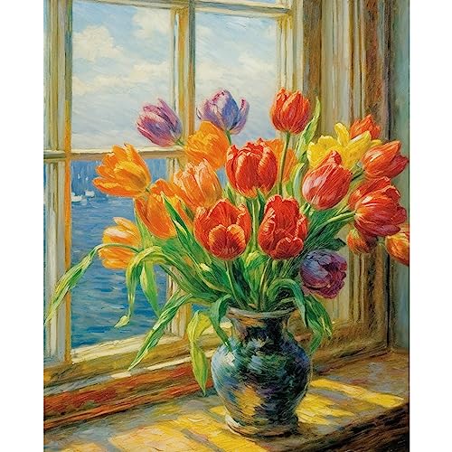 Tucocoo Tulpen Vase Malen nach Zahlen Kits Leinwand DIY Digitales Ölgemälde für Erwachsene mit Pinseln und Acrylpigment – Rustikales Fenster blühende Blumenkunstwerk für Heimdekoration (ohne Rahmen) von Tucocoo