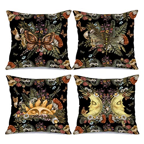 Tucocoo Vintage Cushion Covers Decorative 18x18 Inch Set of 4 Sun Moon with Forest Treasures Fern Mushrooms Flowers Botanical Pillow Covers for Couch Sofa Home Living Room von Tucocoo