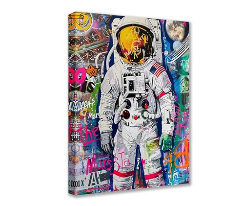 Tucocoo Wanddekoration für Wohnzimmer, Banksy, bunte Bilder, Graffiti-Astronauten-Gemälde, 1 Paneel, Leinwand, Street Pop, Wandkunst, Heimdekoration, Holzrahmen, fertig zum Aufhängen, Poster und von Tucocoo