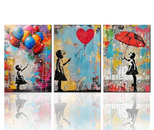 Tucocoo Wanddekoration für Wohnzimmer, Motiv: Banksy, kleines Mädchen, Graffiti-Ballon, roter Regenschirm, Gemälde, Leinwand, Pop-Straßen-Wandkunst, Poster, Drucke, Kunstwerk, Heimdekoration, gerahmt von Tucocoo