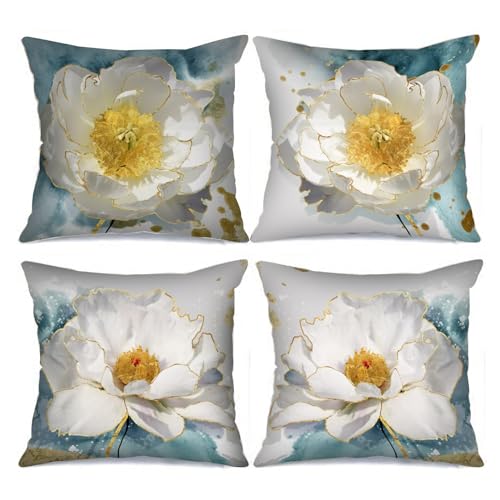 Weißes Wasser Lotus Dekor tropische Blumen Wurfkissenbezüge abstrakte weiße Wildblumen Kissenbezüge 4 Set Landschaft Outdoor Kissenbezüge Kissenbezug für Wohnzimmer Couch Sofa Geschenk (45,7 x 45,7 von Tucocoo