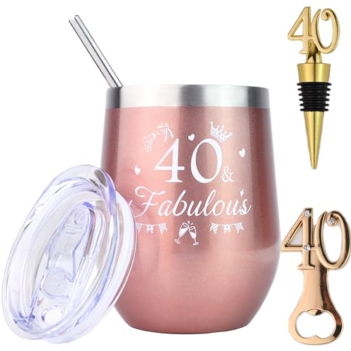 Tucwurl 40. Geburtstag Frauen, 40 Geburtstagsgeschenk für Frauen, Weinbecher Edelstahl 40 Geburtstag, Geschenke für Frauen 40 Geburtstag, Vakuumisoliert Weinglas Roségoldene12oz (350ml) von Tucwurl