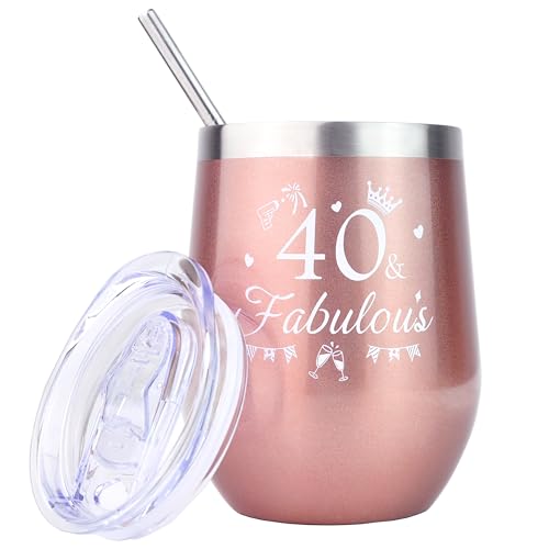 Tucwurl 40. Geburtstag Frauen, 40 Geburtstagsgeschenk für Frauen, Weinbecher Edelstahl 40 Geburtstag, Geschenke für Frauen 40 Geburtstag, Vakuumisoliert Weinglas Roségoldene12OZ (350ml) von Tucwurl